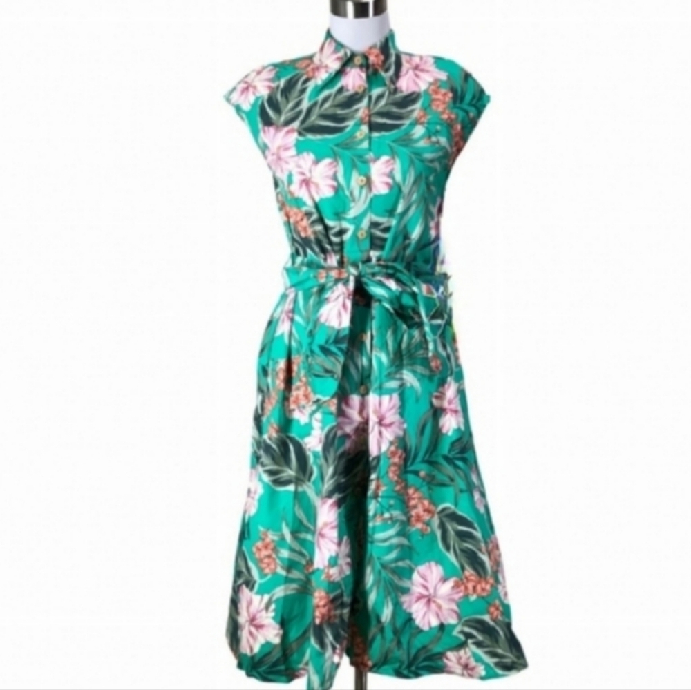 S/M Zara Green Tropical Floral Print Button-Front Cap Sleeve Midi Dress